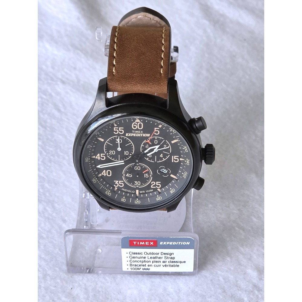 Timex Expedition Field Chronograph Mens Watch Black Brown Leather T49905 9J